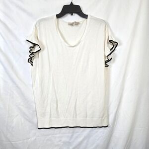Loft Ivory Black Contrast Ruffle Short Cap Flutter Sleeve Career Knit Top Medium